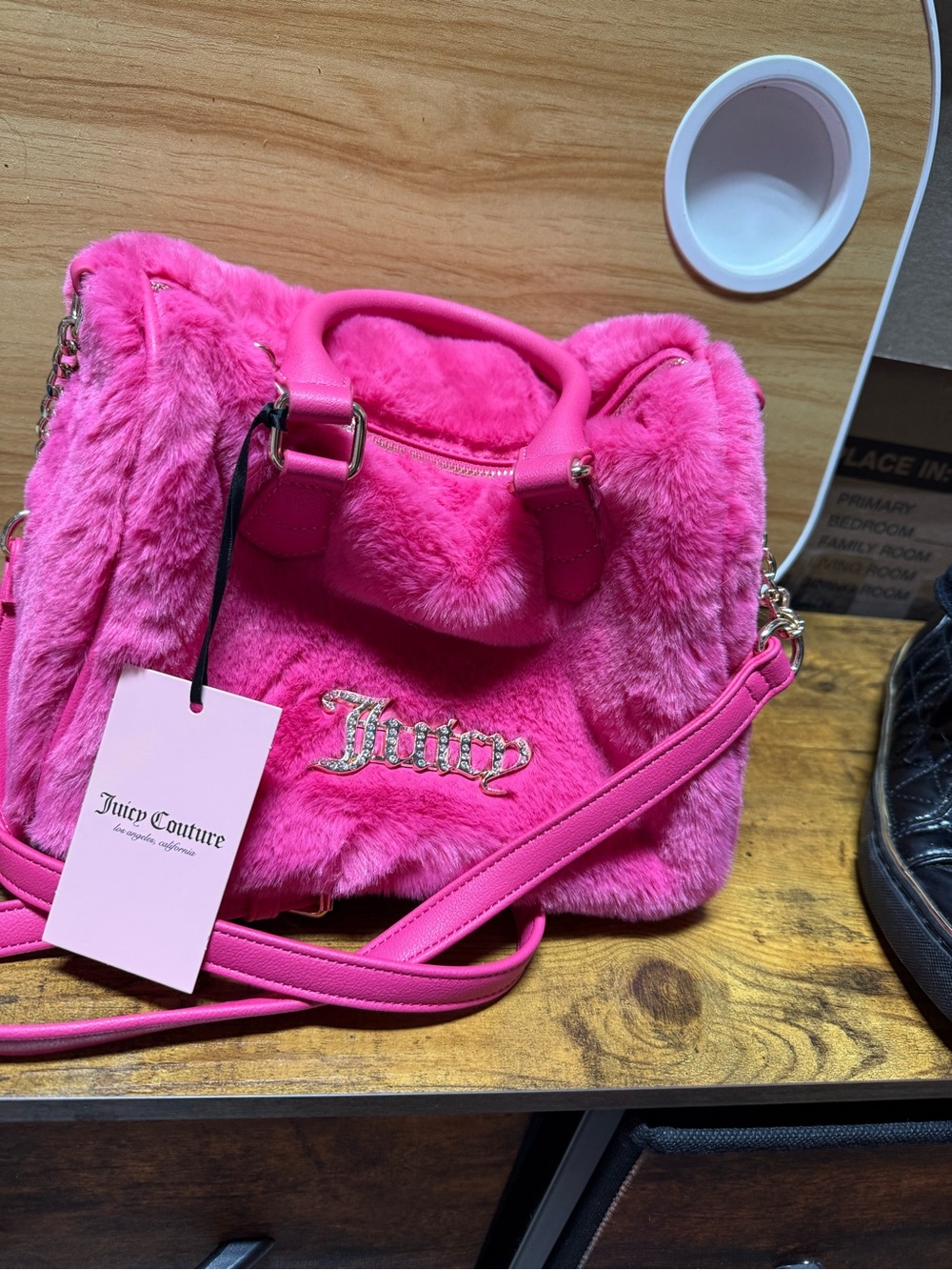 Juicy Couture Bright Pink Faux Fur Shoulder Bag with Chain Detail